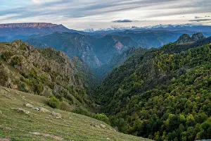 Ecosystems Prints: Mountain landscape of Kabardino-Balkaria in the Caucasus region of Russia during sunset hours