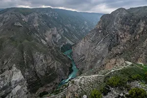 Altitude Prints: Mountain landscape with river in Dagestan, Russia during cloudy weather