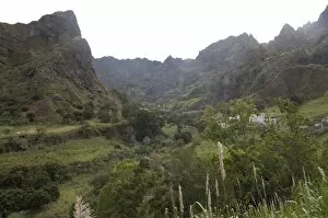 Mountain landscape with terraces and little houses, San Antao, Cape Verde Islands, Africa