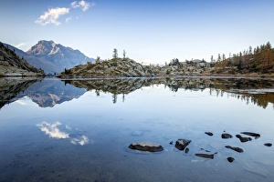 Graian Alps Prints: Mountain peaks reflected in Lac Blanc
