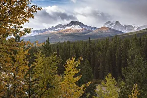 Rocky Mountains Prints: Mountain range at Morants Curve in autumn foliage, Banff National Park, UNESCO