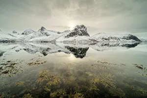 Reflective Prints: Mountain reflections in fjord, Senja, Troms og Finnmark, Norway, Scandinavia, Europe