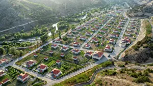 Retreat Prints: Mountain resort in Lachin shows a view of cottages and nature near Qarabaqh in Azerbaijan with winding roads