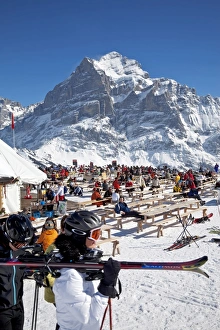Grindelwald Prints: Mountain restaurant with the Wetterhorn mountain, 3692m, in the background