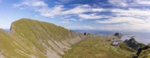 Nordland County Gallery: Mountain ridge frames the village of Sorland surrounded by sea, Vaeroy Island, Nordland county
