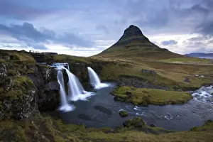 Mountain river with Kirkjufell (Church Mountain) in background, Grundafjordur, Snaefellsnes