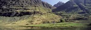 Farm House Prints: Mountain scenery and isolated farmhouse on shore of Loch Achtriochtan