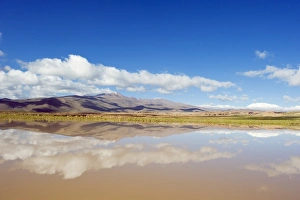 Mirrored Prints: Mountain scenery reflecting in a lake, Altiplano, Bolivia, South America