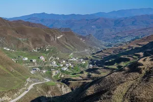 Settlement Prints: Mountain valley view showing hill slopes and small villages in Dagestan