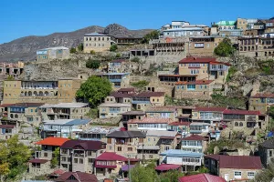 Settlement Prints: Mountain village of Tschoch is located in Dagestan with views of old houses and surrounding mountains in Russia