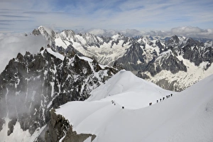 Climbers Prints: Mountaineers and climbers, Mont Blanc Massif, Aiguille du Midi, Chamonix, Haute Savoie
