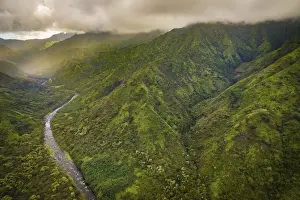 Kauai Prints: The mountainous Hanalei River Valley on Kauais north shore photographed from above