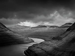 Monochrome Prints: Mountains and fjords, Funningur, Faroe Islands, Denmark, North Atlantic, Europe