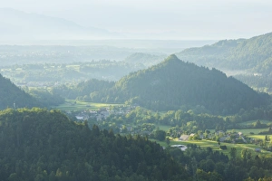 Bled Prints: Mountains in the fog at sunrise, Bled, Slovenia, Europe