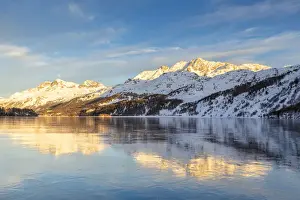 Engadine Prints: Mountains illuminated by sun at sunset reflected on the icy surfaces of Lake Sils