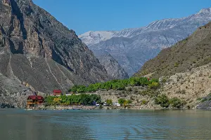 Terrain Prints: Mountains and lodge on the Awarskoje Koisu river in Dagestan Russia attracts visitors and nature lovers