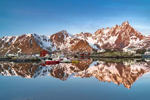 Lofoten Islands Prints: Mountains reflected in the cold sea at sunrise