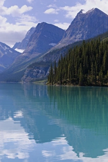 Mountains reflected in Maligne Lake, Jasper National Park, UNESCO World Heritage Site