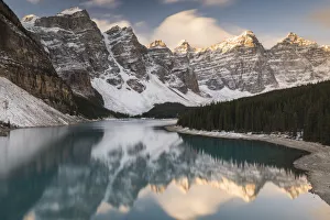 Alpenglow Prints: Mountains reflected in Moraine Lake, Banff National Park, UNESCO World Heritage Site