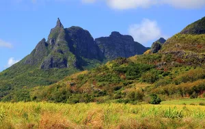 Wonders Prints: Mountains rise under clear skies near fields in central Mauritius showcasing natural beauty and rugged terrain