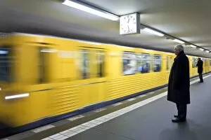 Moving train pulling into modern subway station, Berlin, Germany, Europe