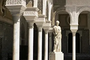 Hall Way Prints: Mudejar arches and Greek statue of Athene in the Patio Principal