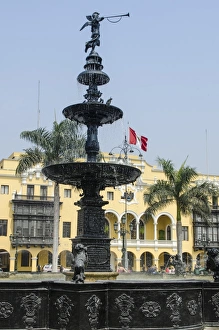 Water Feature Prints: Municipal Palace of Lima and fountain, Plaza de Armas, Lima, Peru, South America