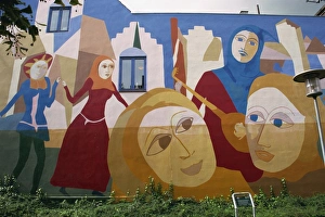 Mural of medieval musicians, Roskilde, Zealand, Denmark, Scandinavia, Europe