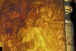 Mural painting in a cave at the Buddhist cave site of Ajanta, carved from a gorge in the Waghore River, Ajanta