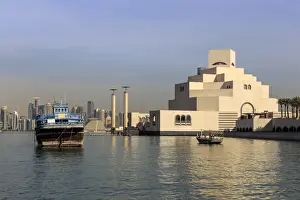 Qatar Prints: Museum of Islamic Art, dhow and modern city skyline of West Bay, from Al-Corniche