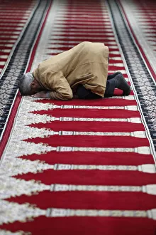 Amman Prints: Muslim praying in Prayer Hall in Amman airport, Amman, Jordan, Middle East