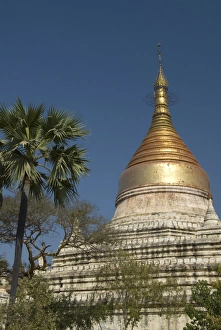 Traditionally Myanmarian Prints: Myazedi Stupa, Bagan (Pagan), Myanmar (Burma), Asia