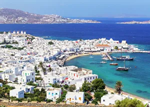Cityscapes Prints: Mykonos Town and old harbour, elevated view, Mykonos, Cyclades Islands, Greek Islands