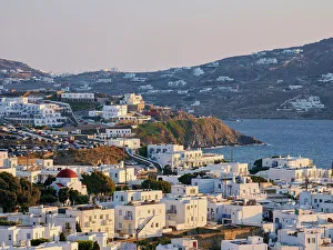 Mykonos Prints: Mykonos Town at sunset, elevated view