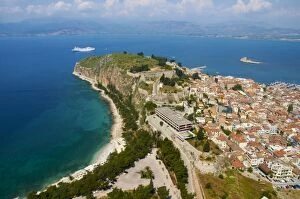 Nafplion city, Bourtzi island and a cruise ship, Peloponnese, Greece, Europe