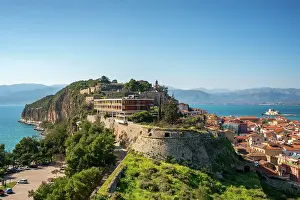 Nafplion Prints: Nafplion historic city view with Palamidi fortress and Bourtzi Castle island