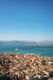 Nafplion Prints: Nafplion historic city view with Palamidi fortress and Bourtzi Castle island