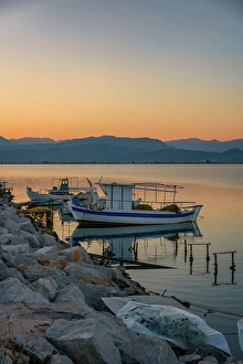 Fishermen Prints: Nafplion port with fishermen boats at sunset, Nafplion, Peloponnese, Greece