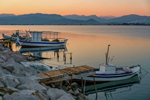 Fishermen Prints: Nafplion port with fishermen boats at sunset, Nafplion, Peloponnese, Greece