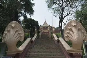 Nagas on the stairs to Wat Phnom, Phnom Penh, Cambodia, Indochina, Southeast Asia, Asia