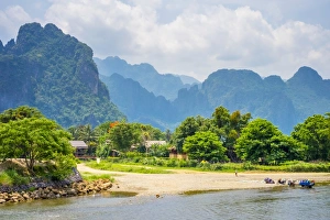 Laos Prints: Nam Song River and Karst landscape in Vang Vieng, Vientiane Province, Laos, Indochina