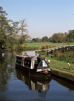Channel Prints: Narrow boat moored waiting to enter Craft Lock, Sutton Green, Surrey, England