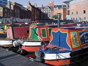 Canal Prints: Narrow boats and barges moored at Gas Street Canal Basin, city centre, Birmingham