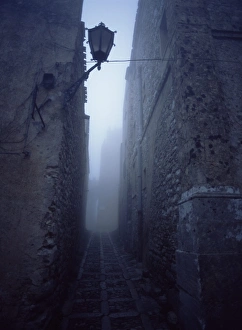 Erice Prints: Narrow misty cobbled street