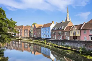 Flowing Water Prints: Narrow street Quayside and bright painted houses by the River Wensum