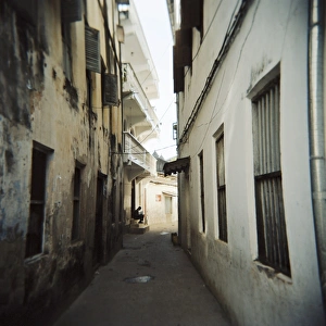 Tanzanian Prints: Narrow street with whitewashed houses, Stone Town, Zanzibar, Tanzania, East Africa