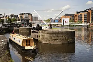 Leeds Prints: Narrowboat navigating Leeds Lock No 1 Aire and Calder Navigation