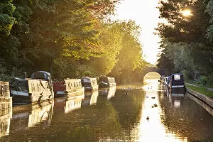 Berkshire Collection: Narrowboats moored on the Kennet and Avon Canal at sunset, Kintbury, Berkshire, England