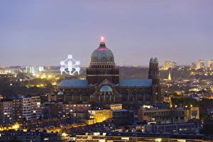 City View Prints: National Catholic Church and Atomium, panoramic view of the city illuminated at night