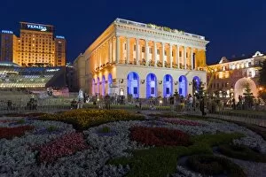 National Music Academy illuminated at night in Maidan Nezalezhnosti (Independence Square)